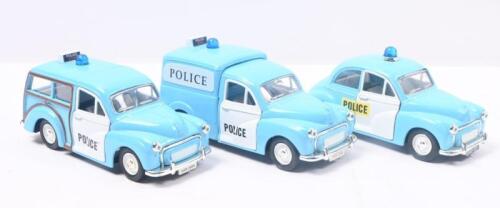 478 · SAICO MORRIS MINOR: Set of 3 1:26 scale Saico Scale Models Series 1956 Morris Minor Police vehicles, all featuring pull back action, all Light Blue with White doors, Police badging and Blue roof mounted Police lights, consisting of 1 Van, 1 Traveller, and 1 Saloon, not boxed..