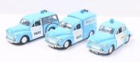 SAICO MORRIS MINOR: Set of 3 1:26 scale Saico Scale Models Series 1956 Morris Minor Police vehicles, all featuring pull back action, all Light Blue with White doors, Police badging and Blue roof mounted Police lights, consisting of 1 Van, 1 Traveller, and - 2