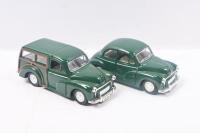 SAICO MORRIS MINOR: Set of 2 1:26 scale Saico Scale Models Series 1956 Morris Minor vehicles, both featuring pull back action, both British Racing Green, consisting of 1 Traveller and 1 Saloon, not boxed..
