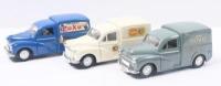 SAICO MORRIS MINOR: Set of 3 1:26 scale Saico Scale Models Series 1956 Morris Minor Delivery Vans, all featuring pull back action, consisting of 1 Cream Colman's Mustard Van, 1 Blue Oxo Van, and 1 Light Grey Hovis Van, not boxed..