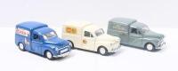 SAICO MORRIS MINOR: Set of 3 1:26 scale Saico Scale Models Series 1956 Morris Minor Delivery Vans, all featuring pull back action, consisting of 1 Cream Colman's Mustard Van, 1 Blue Oxo Van, and 1 Light Grey Hovis Van, not boxed.. - 2