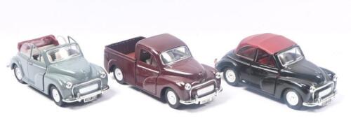 481 · SAICO MORRIS MINOR: Set of 3 1:26 scale Saico Scale Models Series 1956 Morris Minor vehicles, all featuring pull back action, consisting of 1 Light Grey with open Maroon roof Convertible, 1 Black with closed Maroon roof Convertible, and 1 Maroon Pickup, not boxed..