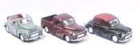 SAICO MORRIS MINOR: Set of 3 1:26 scale Saico Scale Models Series 1956 Morris Minor vehicles, all featuring pull back action, consisting of 1 Light Grey with open Maroon roof Convertible, 1 Black with closed Maroon roof Convertible, and 1 Maroon Pickup, n