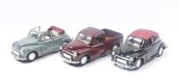 SAICO MORRIS MINOR: Set of 3 1:26 scale Saico Scale Models Series 1956 Morris Minor vehicles, all featuring pull back action, consisting of 1 Light Grey with open Maroon roof Convertible, 1 Black with closed Maroon roof Convertible, and 1 Maroon Pickup, n - 2