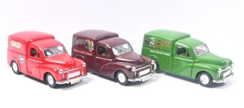482 · SAICO MORRIS MINOR: Set of 3 1:26 scale Saico Scale Models Series 1956 Morris Minor Delivery Vans, all featuring pull back action, consisting of 1 Olive Green Bisto Van, 1 Red Oxo Van, and 1 Maroon Bisto Van, not boxed..