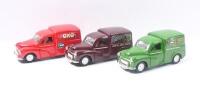 SAICO MORRIS MINOR: Set of 3 1:26 scale Saico Scale Models Series 1956 Morris Minor Delivery Vans, all featuring pull back action, consisting of 1 Olive Green Bisto Van, 1 Red Oxo Van, and 1 Maroon Bisto Van, not boxed.. - 2