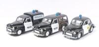 SAICO MORRIS MINOR: Set of 3 1:26 scale Saico Scale Models Series 1956 Morris Minor Police vehicles, all featuring pull back action, all Black with White doors, Police badging and Blue roof mounted Police lights, consisting of 1 Van, 1 Traveller, and 1 Sa - 2