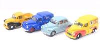 MORRIS MINOR: Set of 4 mixed 1:43 scale Morris Minor models, consisting of 1 Yellow and Red Corgi Colman's Mustard Delivery Van, 1 Yellow and Black Corgi Wimpey Pickup, 1 Blue Lledo Days Gone Tetley Tea Delivery Van, and 1 Light Grey Corgi Saloon, not box