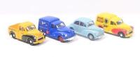 MORRIS MINOR: Set of 4 mixed 1:43 scale Morris Minor models, consisting of 1 Yellow and Red Corgi Colman's Mustard Delivery Van, 1 Yellow and Black Corgi Wimpey Pickup, 1 Blue Lledo Days Gone Tetley Tea Delivery Van, and 1 Light Grey Corgi Saloon, not box - 2