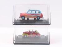 OXFORD CHIPPERFIELD CIRCUS: Set of 2 1:76 Oxford Chipperfield Circus models, 1 Red and Light Blue Advance Publicity London Taxi, and 1 multicoloured Morris Minor Clown Convertible, both clear display boxed.
