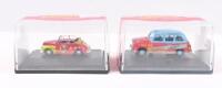 OXFORD CHIPPERFIELD CIRCUS: Set of 2 1:76 Oxford Chipperfield Circus models, 1 Red and Light Blue Advance Publicity London Taxi, and 1 multicoloured Morris Minor Clown Convertible, both clear display boxed. - 2