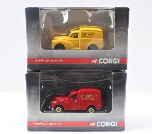CORGI TRACKSIDE MORRIS: Set of 2 1:76 Corgi Trackside Series Morris Vans, 1 Morris Minor AA Van, and 1 Red Co-Operative Morris 1000 Van, both clear display boxed.