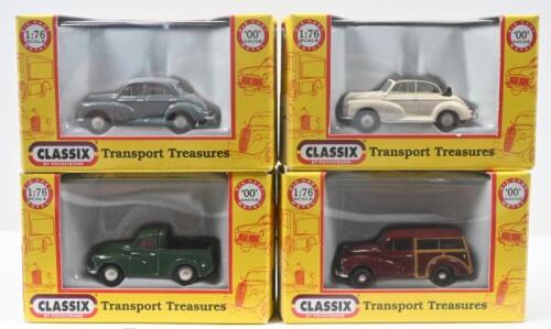 CLASSICS BY POCKETBOND MORRIS MINOR: Set of 4 1:76 scale Classics by Pocketbond Transport Treasures Series Morris Minors, consisting of 1 Old English White Convertible with Black roof down, 1 Green Pickup with tonneau cover, 1 Grey Saloon, and 1 Maroon Traveller, all custom display boxed.