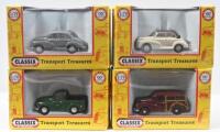 CLASSICS BY POCKETBOND MORRIS MINOR: Set of 4 1:76 scale Classics by Pocketbond Transport Treasures Series Morris Minors, consisting of 1 Old English White Convertible with Black roof down, 1 Green Pickup with tonneau cover, 1 Grey Saloon, and 1 Maroon Tr