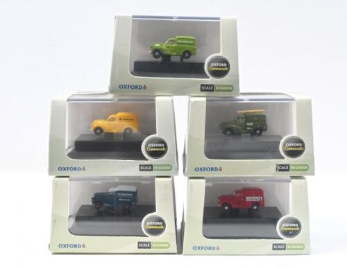OXFORD COMMERCIALS: Set of 5 N:Gauge Oxford Commercials Morris Minor Delivery Vans, consisting of 1 Post Office Telephones Van, 1 Royal Mail Van, 1 British Rail Van, 1 Pickfords Van, and 1 BRS Parcels Van, all clear display boxed.
