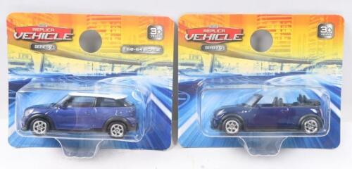 WELLY MINIS: Set of 2 1:60-64 scale Welly Replica Vehicle Series "new" Minis, 1 Blue and White Series 2 "Pacman" Sedan (with sunroof), and 1 Series 3 Blue Convertible with Black open roof, both custom clear packaged.