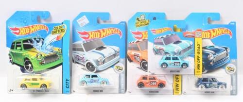 HOT WHEELS MINIS: Set of 5 1:64 scale Hot Wheels Morris Minis, consisting of 2 HW Off-Road Series, 1 Sky Blue and 1 Orange, both #398, 2 HW Snow Stormers Series, 1 Sky Blue and 1 Black, both #333, and 1 City Colour Shifter Series, changes colour from Green to Yellow with water applied, all custom clear packaged.