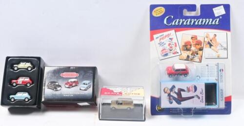 ASSORTED MINIS: Set of 3 assorted old style Minis, consisting of 1 Skale Autos 1:76 scale Cream Ready Mixed Concrete Specialists Mini Van, 1 Cararama 1:72 scale Red and White 1972 Mini Sedan Limited in a Tin Box Set, and a Set of 3 1:76 scale Corgi Trackside Mini Sedans, all boxed.