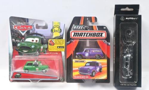 ASSORTED MINIS: Set of 3 assorted old style Minis, consisting of 1 1:55-64 scale Disney Pixar "Cars" Green Austin Littleton Mini Sedan, 1 Best of Matchbox 1:64 scale Purple Battenberg's 1965 Austin Mini Van, and 1 1:55-64 scale AutoArt Mini Cooper Chrome Plated Mini Sedan and key chain, all clear display packaged.