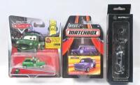 ASSORTED MINIS: Set of 3 assorted old style Minis, consisting of 1 1:55-64 scale Disney Pixar "Cars" Green Austin Littleton Mini Sedan, 1 Best of Matchbox 1:64 scale Purple Battenberg's 1965 Austin Mini Van, and 1 1:55-64 scale AutoArt Mini Cooper Chrome