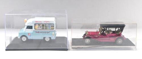VINTAGE 1:43: 1 Oxford Diecast Vintage Models 1:43 Mister Softee Ice Cream Van, and 1 unknown brand 1:43 Purple and Black open Tourer, roof closed, both clear boxed.