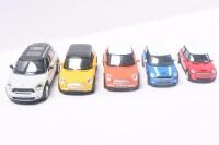 MINIS: Collection of 5 various scale new style Minis, consisting of 2 Welly Mini Coopers, 1 RMZ City Grey and Black battery operated Clubman 5 door, 1 Maisto Blue and White Cooper S sedan, and 1 unknown brand Red and White Cooper S sedan, all loose, no bo - 2