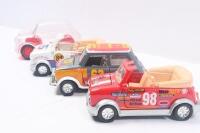 MINIS: Collection of 4 1:24 Scale Minis, consisting of 2 racing Convertibles, 1 White and 1 Red with open roofs, 1 racing Mini, and 1 completley transparent Mini, all loose, no boxes. - 2