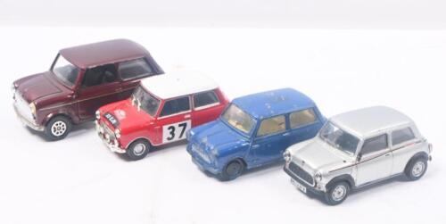 OLD STYLE MINIS: 4 old style Minis, 3 of 1:43 scale, being 1 Silver Vitesse sedan, 1 Red and White Monte Carlo Rally sedan No 37, and 1 Blue Corgi sedan (paintwork is scratched), plus 1 1:36 scale Maroon Corgi 1989 Mini 30 Sedan, all loose, no boxes.