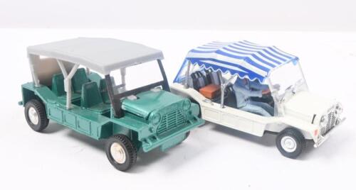 MINI MOKES: Set of 2 1:43 scale Austin Mini Mokes, 1 White with Blue and White striped Roof and 2 passengers, and 1 Green with Grey Roof Dinky Toys, not boxed.
