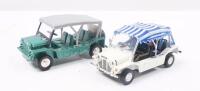 MINI MOKES: Set of 2 1:43 scale Austin Mini Mokes, 1 White with Blue and White striped Roof and 2 passengers, and 1 Green with Grey Roof Dinky Toys, not boxed. - 2