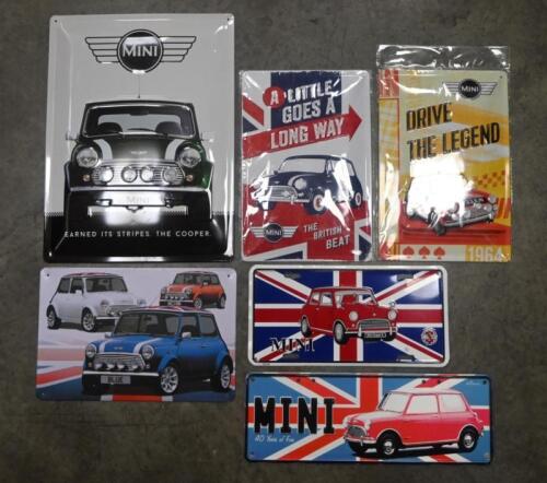 SIGNS: a group of 6 reproduction Tin signs, 2 in the form of number plates, the largest 39.5 cm high, by 29.5 cm wide.