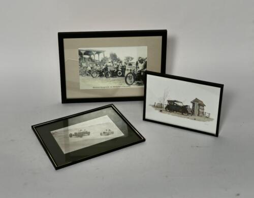 70 · PRINTS: Two reproduction racing photographs and print by Garwood of an Austin 7, all framed and glazed [Sydney]