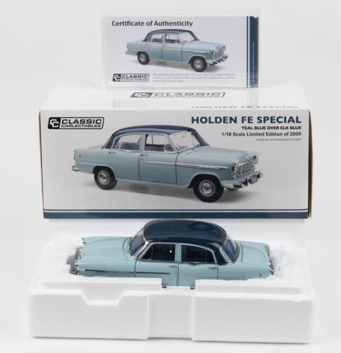 HOLDEN: 1:18 scale Classic Carlectables Teal Blue over Elk Blue Holden FE Special Sedan, No 1469 of 2000, Certificate of Authenticity, boxed.