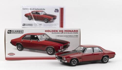 HOLDEN: 1:18 scale Classic Carlectables Holden Salamanca Red with Black stripes Holden HQ Monaro Sedan, No189 of 1000, Certificate of Authenticity, boxed.