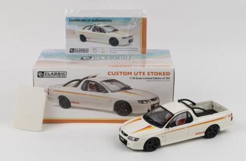 HOLDEN: 1:18 scale Classic Carlectables White Holden VY Commodore Custom "Stoked" Ute, No 71 of 550, Certificate of Authenticity, boxed.