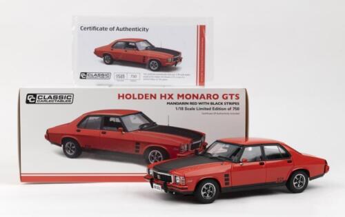 HOLDEN: 1:18 scale Classic Carlectables Holden Mandarin Red with Black stripes Holden HX Monaro Sedan, No 589 of 750, Certificate of Authenticity, boxed.