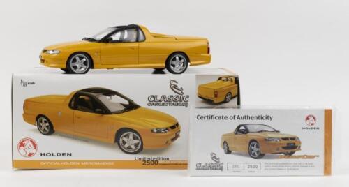 HOLDEN: 1:18 scale Classic Carlectables bright Yellow Holden VX Commodore based UTEster concept Ute, No 2081 of 2500, Certificate of Authenticity, boxed.