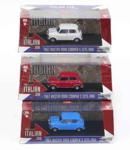 THE ITALIAN JOB: 1:43 scale Greenlight Hollywood Collectibles set of 3 Limited Edition Italian Job 1967 Austin Mini Cooper S 1275 MkI Minis, individually boxed.