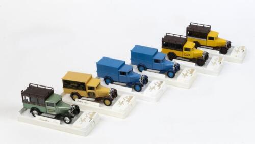 SOLIDO AGE D'OR: 6 1:43 scale Solido Age d'or Citroen C4F models, 3 Minibus "Palace Hotel" Utes, 1 in Green, 2 in Yellow, plus 1 Mustard Demi-siecle delivery van, and 2 Blue Classic Samaritaine Delivery Vans with no markings.