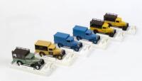 SOLIDO AGE D'OR: 6 1:43 scale Solido Age d'or Citroen C4F models, 3 Minibus "Palace Hotel" Utes, 1 in Green, 2 in Yellow, plus 1 Mustard Demi-siecle delivery van, and 2 Blue Classic Samaritaine Delivery Vans with no markings.