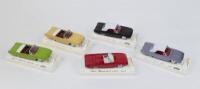 SOLIDO AGE D'OR: 5 1:43 Solido Age d'or 1961 Ford Thunderbirds, 1 Lavender/Lilac Coupe with White roof, 1 Black Coupe with White roof, 1 Olive Green Convertible, 1 Mustard Convertible, and 1 1963 Red G-Sport Convertible