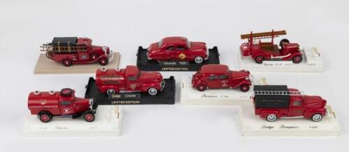 SOLIDO & SOLIDO AGE D'OR: 7 1:43 scale Solido fire fighting models, all in traditional Red, 1 Limited Edition 1950 Chevrolet Philadelphia F/D Fire Chief Sedan, 1 Limited Edition Dodge Citerne Schenectady F/D Tanker, 1 Dodge Pompiers Beverly Hills F/D Tender van, 1 Citroen C4F Tanker, 1 Citroen C4F Fire Engine, 1 Trenton F/D Tender van, and 1 Citroen Light 15 Fire Chief Sedan.