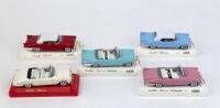 SOLIDO AGE D'OR: 5 1:43 Solido Age d'or Cadillac Convertibles, 1 Pale Blue and White 1955 Eldorado, 1 Red and White 1955 Eldorado, 1 Pink 1957 Biarritz, 1 Pale Green 1957 Biarritz, and 1 Cream 1955 Eldorado.