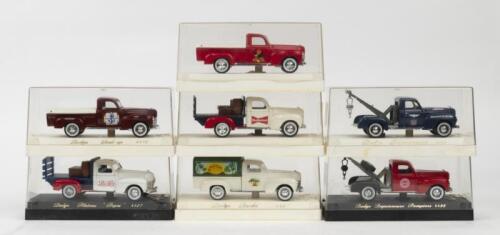 SOLIDO AGE D'OR: 7 1:43 scale 1940 Solido Age d'or Dodge delivery or service vehicles, 1 Red, White and Blue Plateau "Pepsi" Pickup, 1 Red, White and Blue Budweiser Pickup, 1 Red Budweiser Golden Age Pickup, 1 Cream Bache Sun Club Van, 1 Maroon Foster Co Ships Chandlers Pickup, 1 Depanneuse Blue Auto Club Tow Truck, 1 Depanneuse Red Chicago Fire Dept Tow Truck.