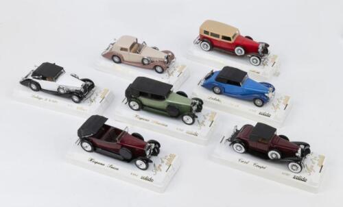 SOLIDO AGE D'OR: 7 1:43 Solido Age d'or models, 1 Red and Beige Duesenberg J Sedan, 1 Blue and Black 1937 Delahaye 135M Coupe, 1 Bordeaux Red and Black Cord Coupe, 1 2 Tone Brown Delage Coupe, 1 1939 White and Black Delage D8-120 Coupe Convertible, 1 Light Green and Black Hispano Suiza Phaeton, 1 1926 Maroon & Black Hispano Suiza H6B Decouvrable.