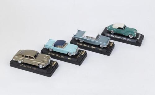 SOLIDO & SOLIDO AGE D'OR: 4 1:43 scale Solido Age d'or (3) and Solido (1) models, 1 Gold 1948 Tucker 4 Door Sedan, 1 Silver Hawk Green and Blue 1957 Studebaker Coupe, 1 1950s White over Light BlueCadillac Eldorado Seville Hardtop, and 1 Solido Green and White 1939 Alfa Romeo 2500 Sport.