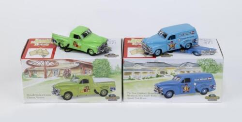 MATCHBOX COLLECTIBLES: 2 1:43 Scale Matchbox Collectibles Ronald McDonald House Holden FJs, 1 Blue Panel Van, and 1 Green Ute, separately boxed.