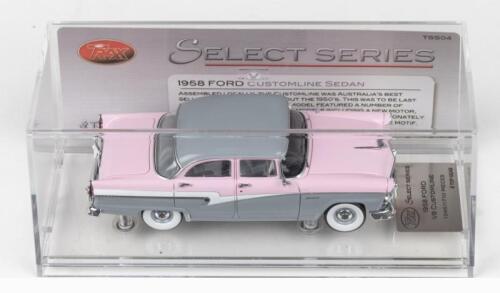 TRAX SELECT SERIES: 1:43 scale Trax Select Series TSS04 Champagne Pink and Pearl Grey 2 tone 1958 Ford Customline Sedan, No 1046 of 1710 pieces, Plaque of Authenticity, clear boxed.