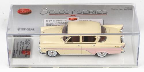 TRAX SELECT SERIES: 1:43 scale Trax Select Series TSS06 Rustic Tan and Salmon Pink 2 tone 1957 Chrysler Royal API Sedan, No 225 of 1007 pieces, Plaque of Authenticity, clear boxed.