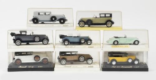 SOLIDO & SOLIDO AGE D'OR: 8 1:43 Solido Age d'or (7) and Solido (1) models, 1 1936 Light Green and Black Talbot T23 Convertible, 1 2 Tone Grey Renault Reinastella Sedan, 3 Renault 40 CV Limo/Landaulets, 1 2 Tone Brown and Black, and 1 White and Black, and 1 Grey and Black Landaulet, 1 2-Tone Blue Fiat 525N Cabriolet, and 1 1929 Yellow and Black Fiat 521 Convertible, and 1 Olive Green and Black Solido 1925 Panhard-Levassor Landaulet.